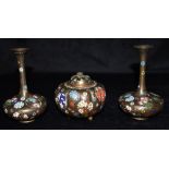 A THREE PIECE CLOISONNE GARNITURE comprising pot pourri of lobed ovoid form with pierced lid and