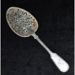 A VICTORIAN SILVER TROWEL with pierced bowl, length 29cm, hallmark possibly London 1844, weight
