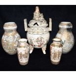A GROUP OF JAPANESE SATSUMA WARES comprising a koro and cover with figural knop 36cm high, a pair of