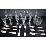 A GROUP OF TWELVE VARIOUS GLASSES together with a rinser and set of eight plated runcible spoons