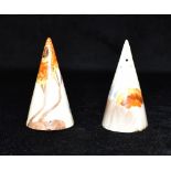 A PAIR OF CLARICE CLIFF CONICAL PEPPER AND SALT POTS decorated in the 'Rhodanth' pattern, 7.5cm high