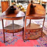 TWO GEORGE III MAHOGANY BOW FRONT CORNER WASHSTANDS 64cm wide 107cm high and 56cm wide 100cm high