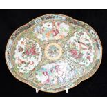 A CHINESE CANTON QUATREFOIL SHAPED TRAY decorated in the Famille Verte palette with alternating