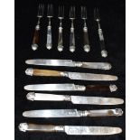 A SET OF 12 LATE VICTORIAN SILVER AND AGATE KNIVES AND FORKS Six of each, the cutlery with silver