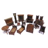 ASSORTED DOLL'S HOUSE FURNITURE including an upright piano and a bureau, (16 items).