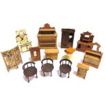 ASSORTED DOLL'S HOUSE FURNITURE including a German pressed tin washstand, with mirror, water