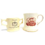 BREWERIANA - TWO RARE TAUNTON CIDER MUGS comprising a Wade twin-handled mug, Silver Jubilee 1977,