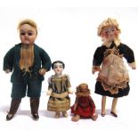 FOUR BISQUE DOLL'S HOUSE DOLLS including a house-maid, the largest 9cm high.