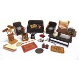 ASSORTED DOLL'S HOUSE FURNITURE & ACCESSORIES comprising a Pit-A-Pat sofa bed and two matching