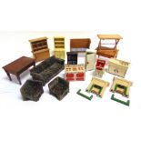 ASSORTED DOLL'S HOUSE FURNITURE & ACCESSORIES including two Taylor & Barrett fireplaces, with kerbs;