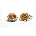 A HESSONITE AND SEED PEARL RING AND BROOCH The ring and brooch both set with an oval faceted honey