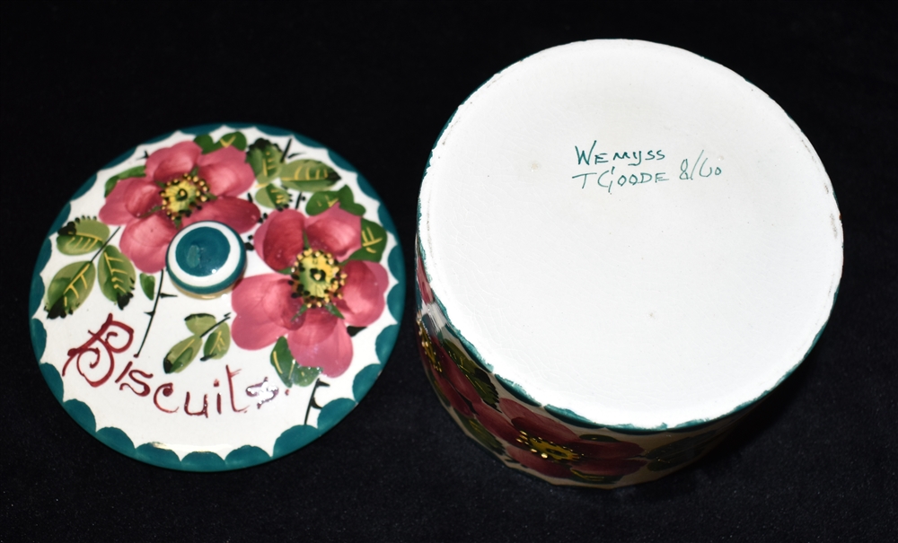 A WEMYSS WARE BISCUIT BARREL AND COVER of cylindrical form, painted with dog roses, painted to - Image 2 of 2