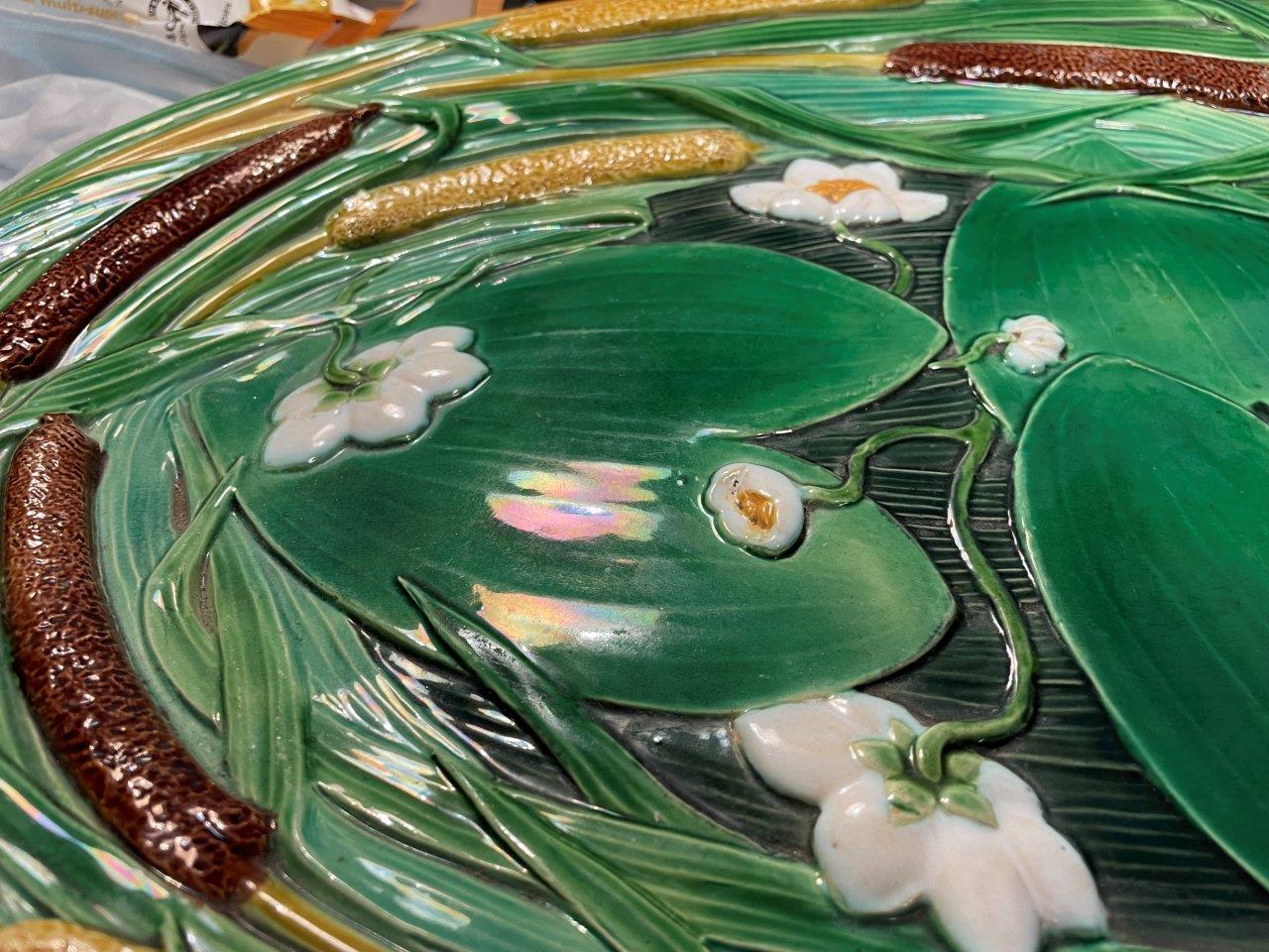 A MINTON MAJOLICA MEAT DISH relief decorated with bullrushes and waterlillies, 61cm wide, - Image 11 of 13