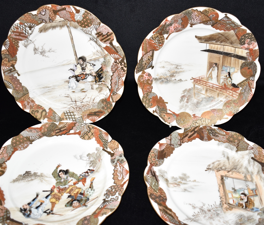 A SET OF SIX SATSUMA PLATES each with finely painted scenes within a border painted with fans, fan - Image 2 of 9