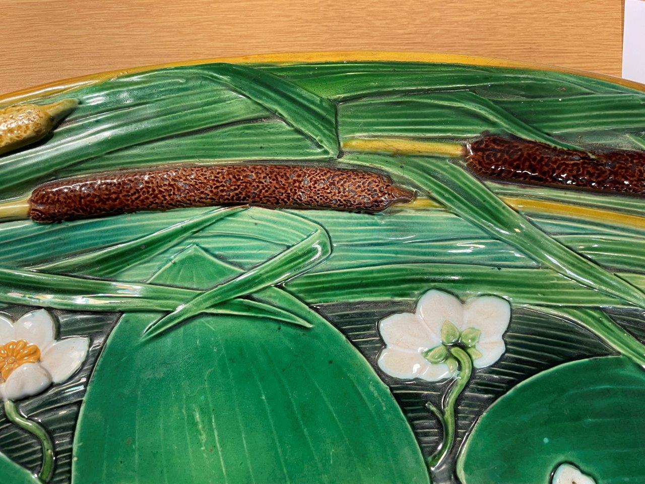 A MINTON MAJOLICA MEAT DISH relief decorated with bullrushes and waterlillies, 61cm wide, - Image 5 of 13