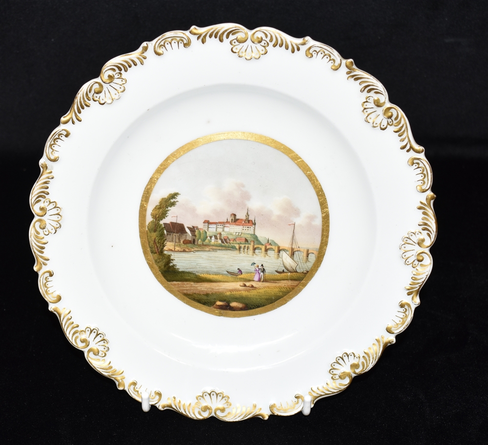 A MEISSEN CABINET PLATE the centre painted with a topgraphical scene, within gilt rococo border, (