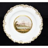 A MEISSEN CABINET PLATE the centre painted with a topgraphical scene, within gilt rococo border, (