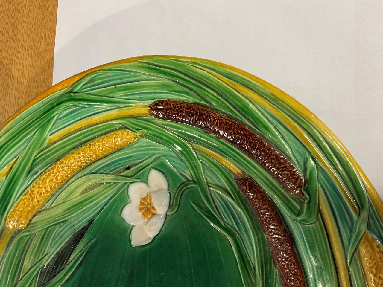 A MINTON MAJOLICA MEAT DISH relief decorated with bullrushes and waterlillies, 61cm wide, - Image 8 of 13