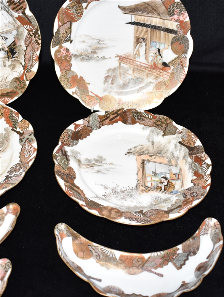 A SET OF SIX SATSUMA PLATES each with finely painted scenes within a border painted with fans, fan - Image 5 of 9
