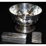 A COLLECTION OF SILVER comprising a silver bowl, a silver 900 trinket box and a silver vesta, the