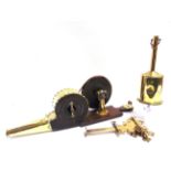 A LATE 19TH CENTURY SET OF PEAT BELLOWS 61.5cm long; together with a Salter's brass spit jack and