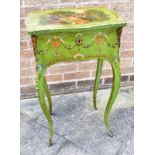 A FRENCH WORK TABLE WITH PAINTED DECORATION the top painted with a Watteauesque scene, opening to