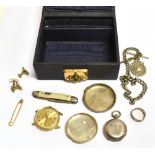 A SMALL CASED COLLECTION OF JEWELLERY AND TRINKETS Comprising a silver sovereign holder, a watch
