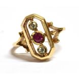 A 9CT GOLD RECTANGULAR DIMAOND AND RUBY PLAQUE RING The plaque measuring 1.6cm by 0.9cm with rounded