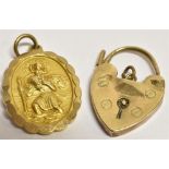 A 9CT GOLD ST CHRISTOPHER PENDANT PIECE Together with a 9ct gold heart padlock, St Christopher