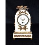 A FRENCH GILT METAL MOUNTED WHITE MARBLE MANTLE CLOCK the convex enamel dial with Arabic numeral and