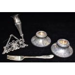 A COLLECTION OF SILVER Comprising a pair of marked 925 dwarf candlesticks, height 3.8cm, late