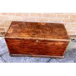 A STAINED PINE TRUNK with hinged top and a brass escutcheon to the front centre, H 36cm x W 86cm x D