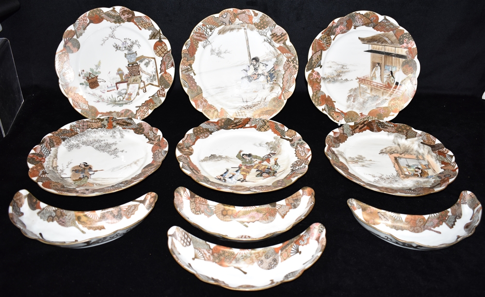A SET OF SIX SATSUMA PLATES each with finely painted scenes within a border painted with fans, fan