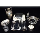 A COLLECTION OF SILVER, WHITE METAL AND PLATED ITEMS to include a cased set of six silver spoons,