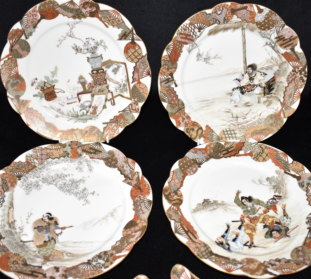 A SET OF SIX SATSUMA PLATES each with finely painted scenes within a border painted with fans, fan - Image 3 of 9