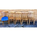 FIVE PINE KITCHEN CHAIRS the largest H 89cm, the smallest 85.5cm
