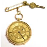 A MARKED 14K OPEN FACED POCKET WATCH On a gilt brooch with key attached, dial diameter 3.2 cm, gross