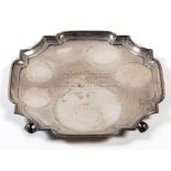 HUNTLEY & PLAMER INTEREST A LARGE SILVER TRAY on four scrolled feet engraved with a presentation