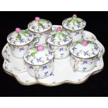 A HEREND PORCELAIN CABARET SET consisting of tray, 29cm x 24cm, and six cups and covers, all