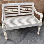A PAINTED TWO SEAT WOODEN BENCH with slatted seat, 98cm wide Condition Report : no great age, but