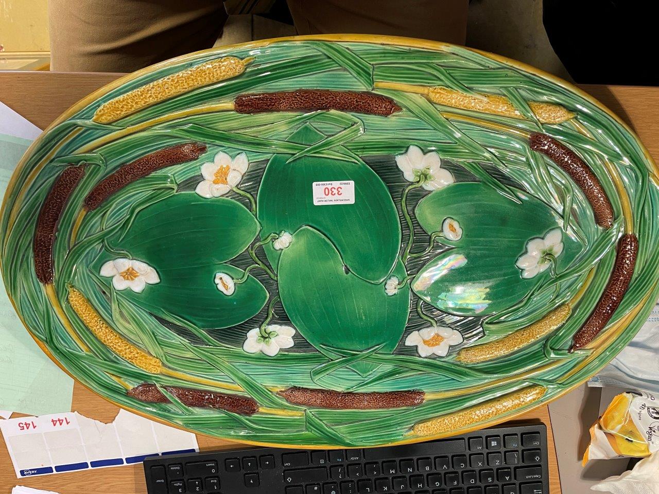 A MINTON MAJOLICA MEAT DISH relief decorated with bullrushes and waterlillies, 61cm wide, - Image 12 of 13