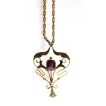 A MARKED 9CT ART NOUVEAU PENDANT PIECE With chain the pendant is set with a purple faceted garnet