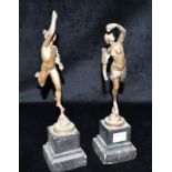 A PAIR OF PATINATED METAL FIGURES of Mercury and Apollo, on square stepped slate base, 33cm high