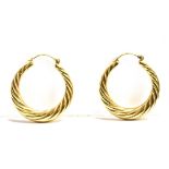 A PAIR OF MARKED 375 HOOP EARRINGS in textured twist pattern, earring diameter 3cm approx. weight