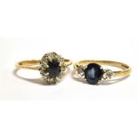 TWO SAPPHIRE AND DIAMOND 9CT GOLD RINGS Comprising a cluster ring size N 1/2, faded hallmark and a