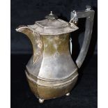 A SILVER JUG of plain form with patterned border to the lid and ribbed detail to the belly, with