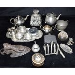 A COLLECTION OF WHITE METAL EPNS, PEWTER AND METAL WARE To include a large white metal overlay glass