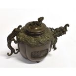 A CHINESE BRONZE LIDDED VESSEL modelled with mythical beasts, seal mark to base, 11cm high overall