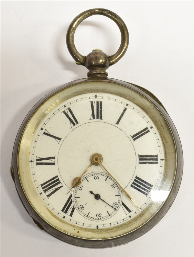 A MARKED 0.935 OPEN FACED POCKET WATCH Key wound (no key) The outside case in engine turned