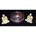 A HARDWOOD BOWL WITH CARVED DECORATION 12cm diameter, and a pair of bronze Buddha figures